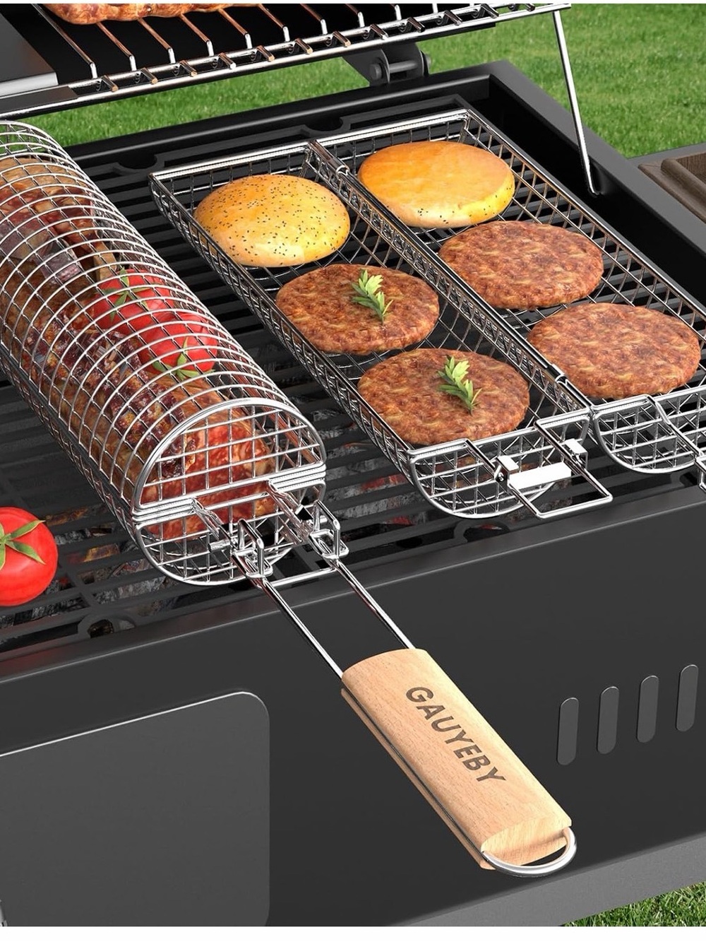 GauvEby Stainless Steel BBQ Grill Basket with Wooden Handle - Silver